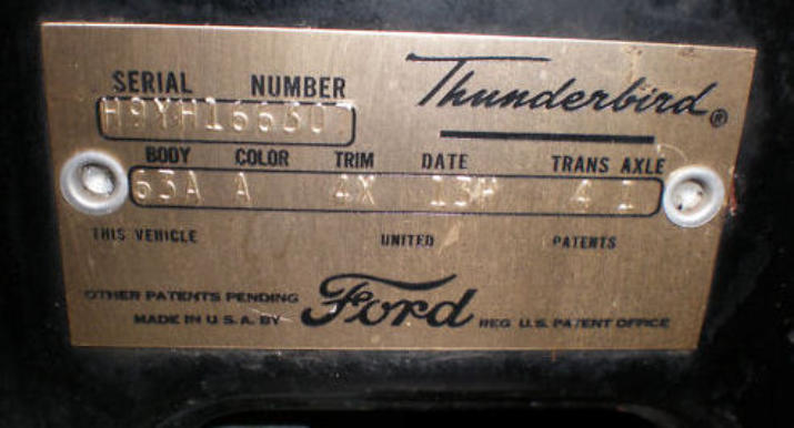 1958, 1959 Thunderbird VIN data plate
